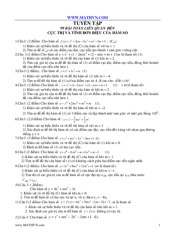 WWW.MATHVN.COM TUYỂN TẬP 99 BÀI TOÁN LIÊN QUAN ĐẾN CỰC TRỊ VÀ TÍNH ĐƠN ĐIỆU CỦA HÀM SỐ