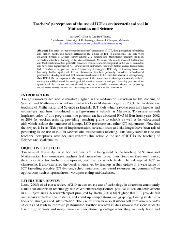 (PDF) Teachers' perceptions of the use of ICT as an instructional tool ...