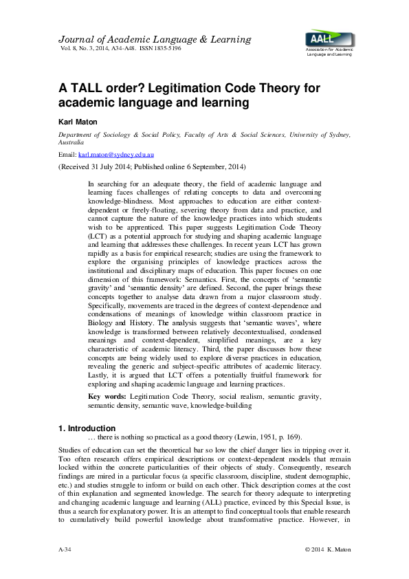 (PDF) A TALL order? Legitimation Code Theory for academic language and