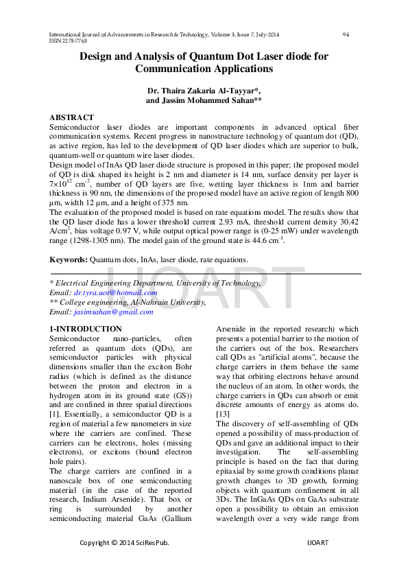 (PDF) Design and Analysis of Quantum Dot Laser diode for Communication ...