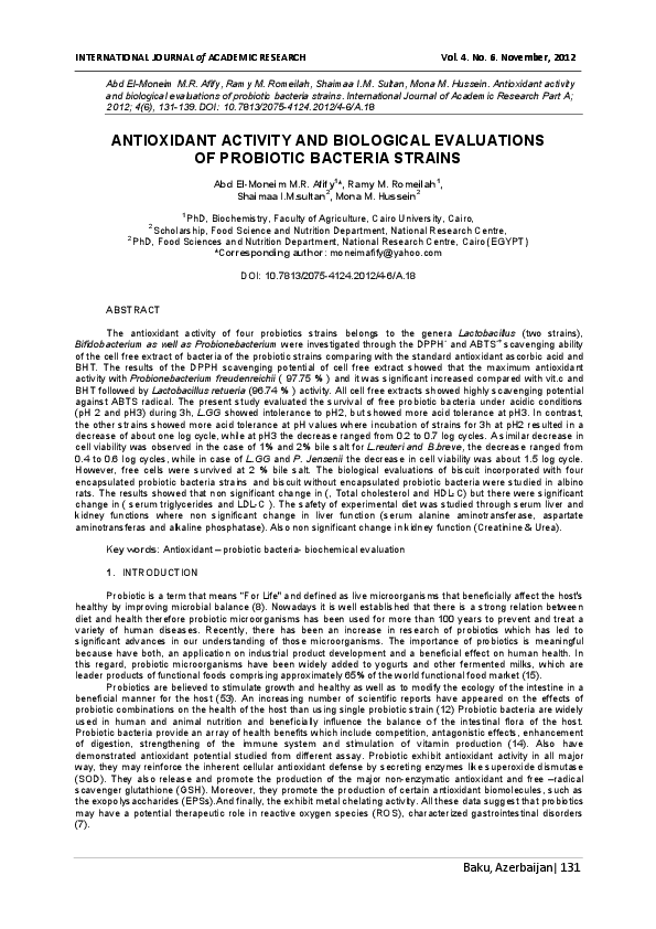 (PDF) ANTIOXIDANT ACTIVITY AND BIOLOGICAL EVALUATIONS OF PROBIOTIC ...