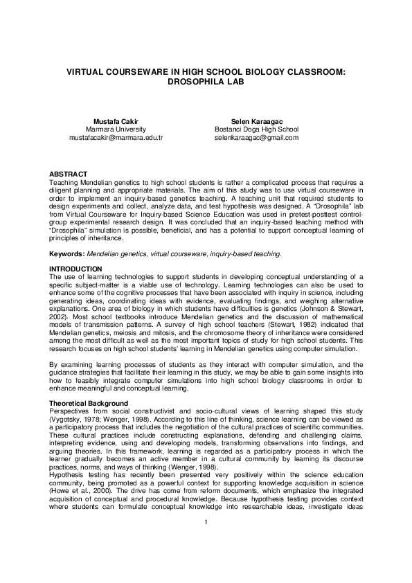 (PDF) Virtual Courseware in High School Biology Classroom Drosophila