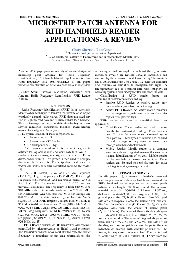 (PDF) MICROSTRIP PATCH ANTENNA FOR RFID HANDHELD READER APPLICATIONS- A ...