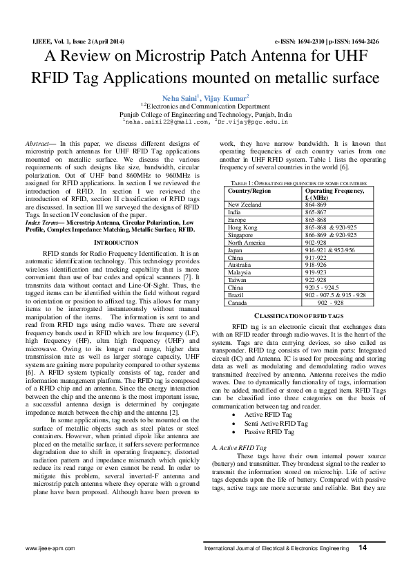(PDF) A REVIEW ON MICROSTRIP PATCH ANTENNA FOR UHF RFID TAG ...
