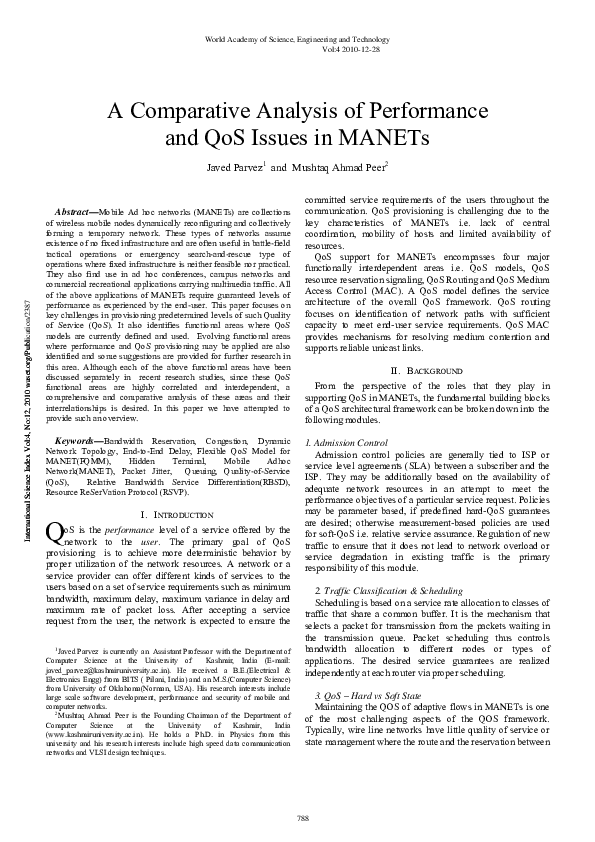 (PDF) A Comparative Analysis of Performance and QoS Issues in MANETs