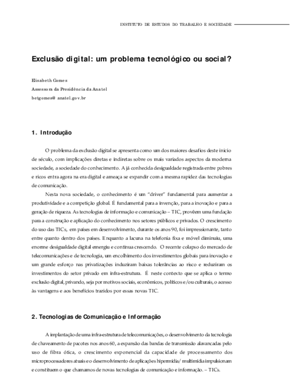 (PDF) Exclusão digital um problema tecnológico ou social Elisabeth Gomes Academia.edu (PDF) Exclusão digital um problema tecnológico ou social Elisabeth Gomes Academia.edu