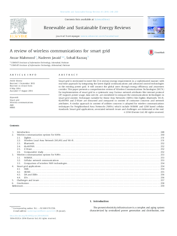 (PDF) A review of wireless communications for smart grid