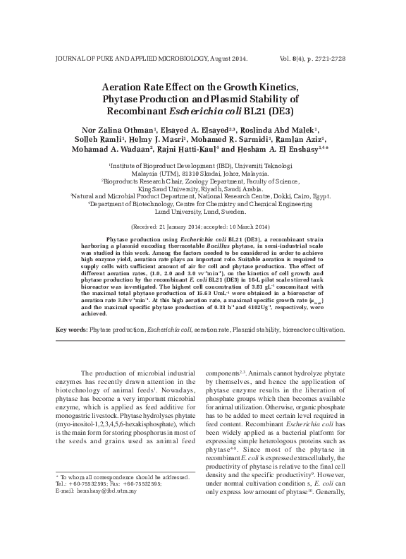 (PDF) Aeration Rate Effect on the Growth Kinetics, Phytase Production ...