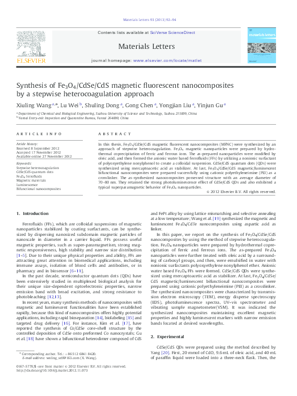 (PDF) Synthesis of Fe 3 O 4 /CdSe/CdS magnetic fluorescent ...