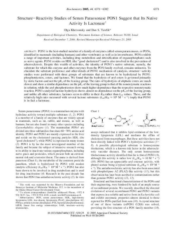 (PDF) Structure-Reactivity Studies of Serum Paraoxonase PON1 Suggest ...
