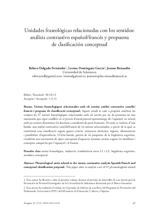 Unidades Fraseologicas Relacionadas Con Los Sentidos Analisis Contrastivo Espanol Frances Y Propuesta De Clasificacion Conceptual Lorena Dominguez Garcia Academia Edu