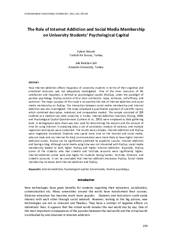 (PDF) The role of Internet addiction and social media membership on ...