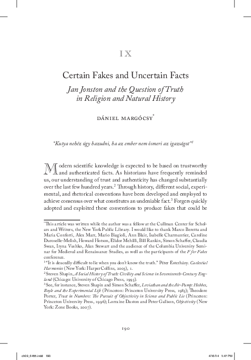 (PDF) Certain Fakes and Uncertain Facts: Jan Jonston and the Question ...