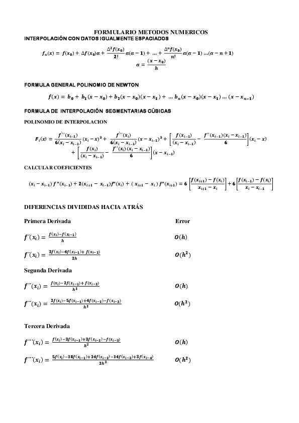 (PDF) FORMULARIO METODOS NUMERICOS INTERPOLACIÓN CON DATOS IGUALMENTE ESPACIADOS FORMULA GENERAL