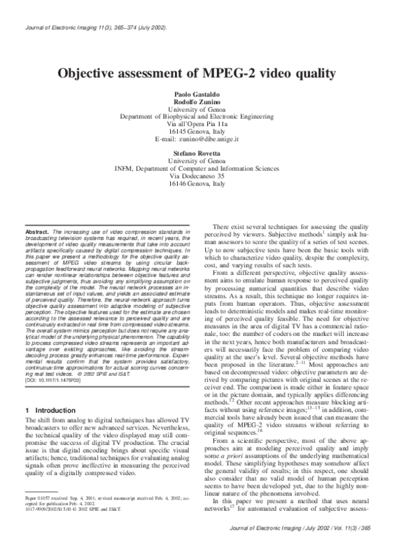 (PDF) Objective assessment of MPEG-2 video quality