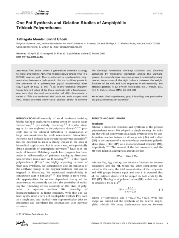 (PDF) One Pot Synthesis and Gelation Studies of Amphiphilic Triblock ...