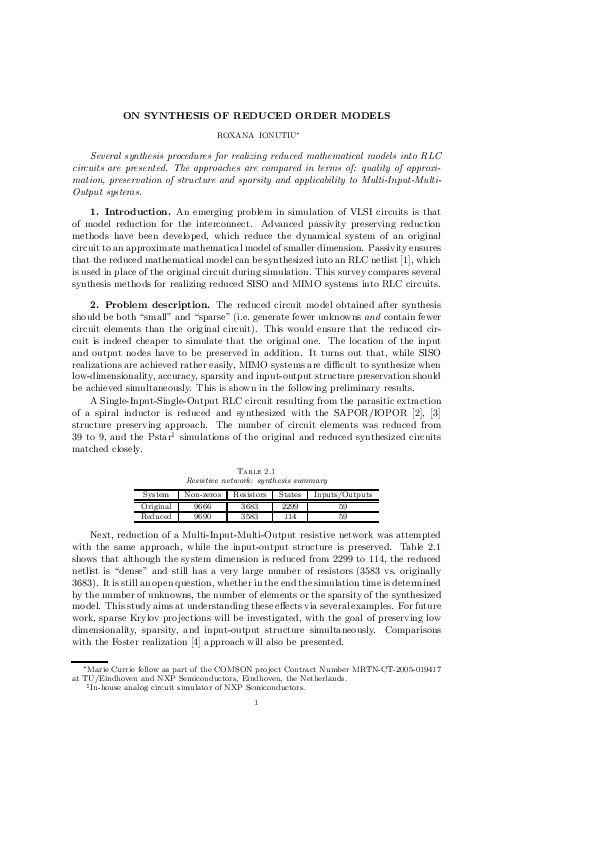 (PDF) On synthesis of reduced order models