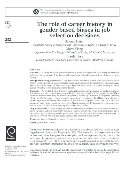 (PDF) The role of career history in gender based biases in job ...
