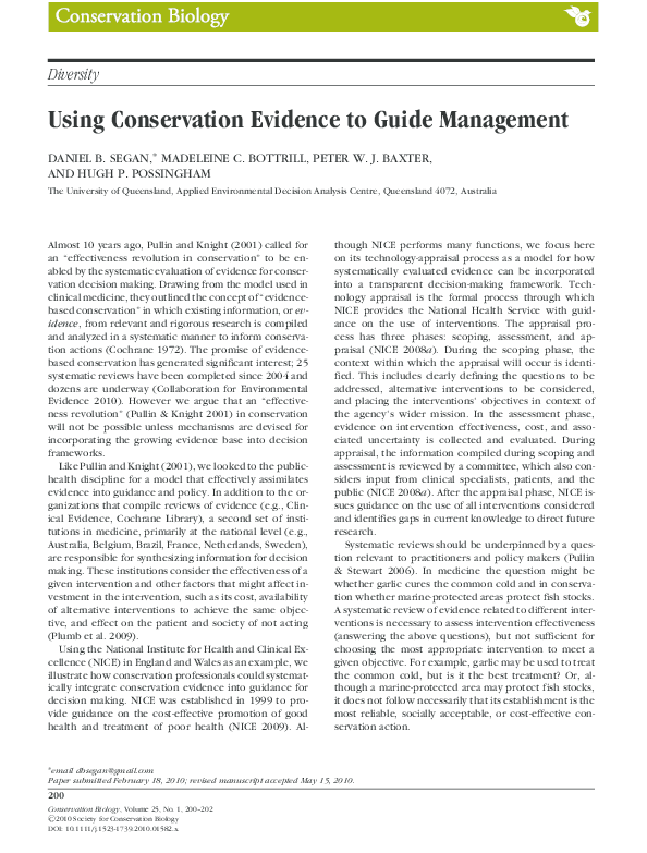 (PDF) Using Conservation Evidence to Guide Management