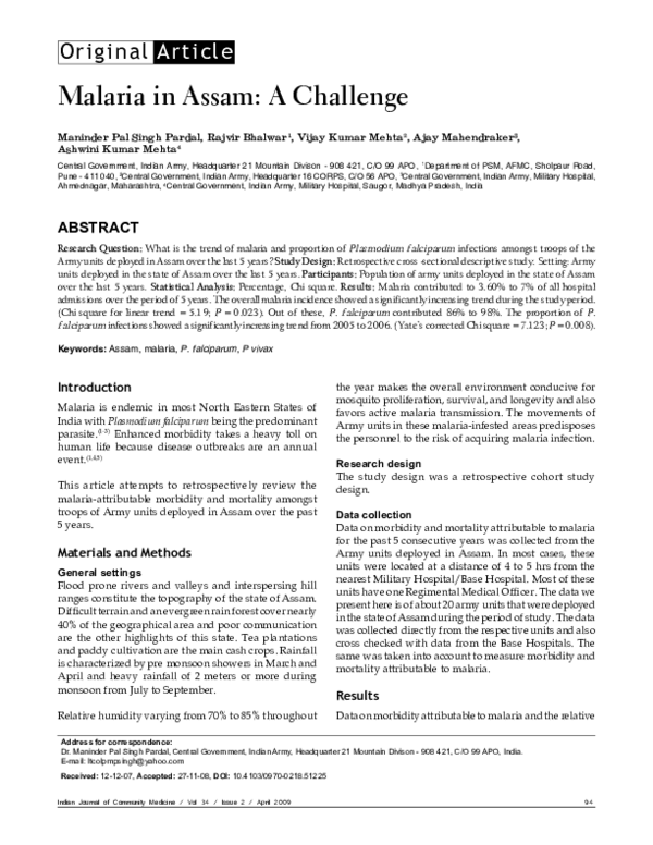  pdf indian journal of community medicine vol 34 issue 2 malaria