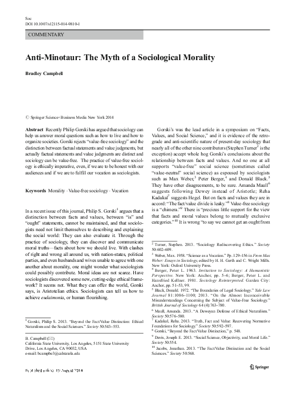 Pdf Anti Minotaur The Myth Of A Sociological Morality Bradley Campbell Academia Edu