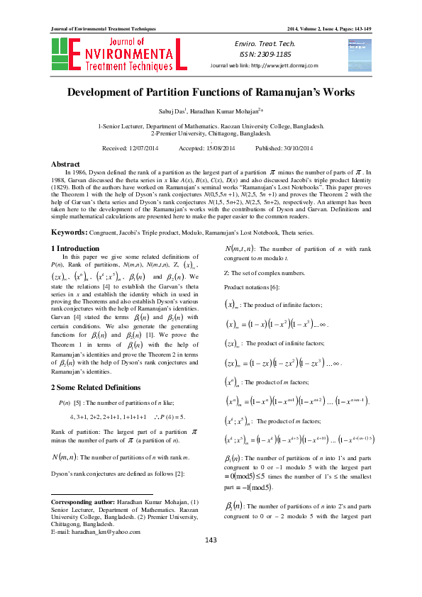 (PDF) Development of Partition Functions of Ramanujan’s Works