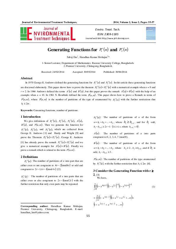 (PDF) Generating Functions for and