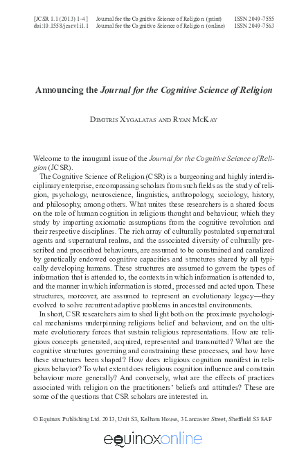 (PDF) Announcing the Journal for the Cognitive Science of Religion