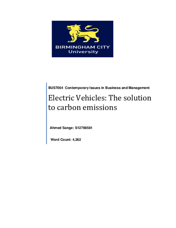 (PDF) Electric Vehicles - The Solution to Carbon Emissions
