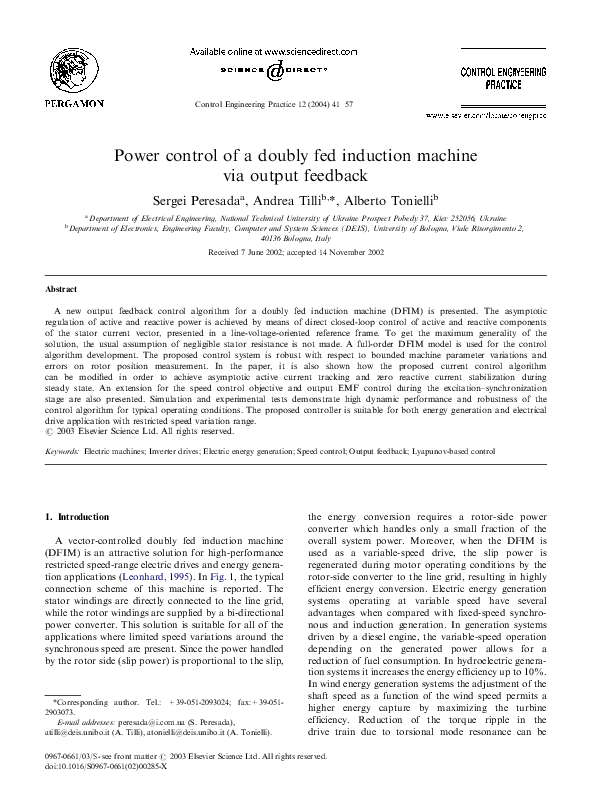 (PDF) Power control of a doubly fed induction machine via output feedback