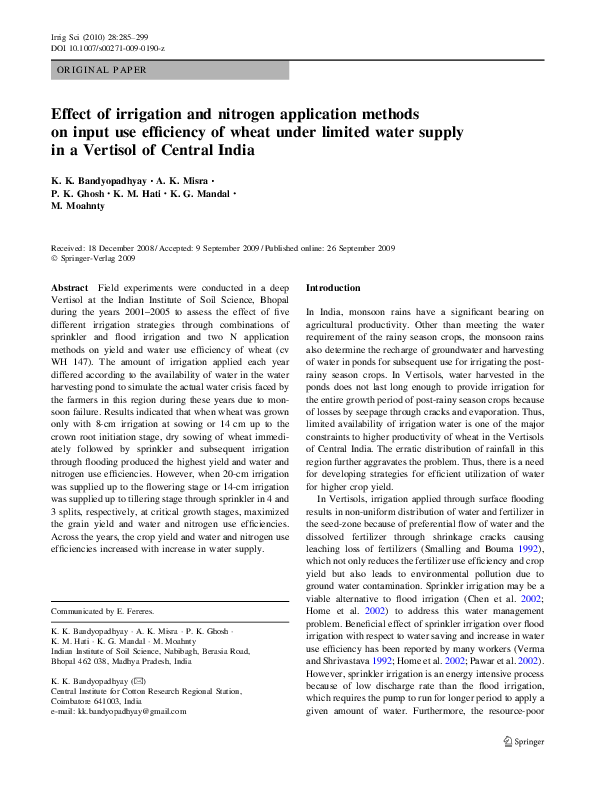 (PDF) Effect of irrigation and nitrogen application methods on input ...