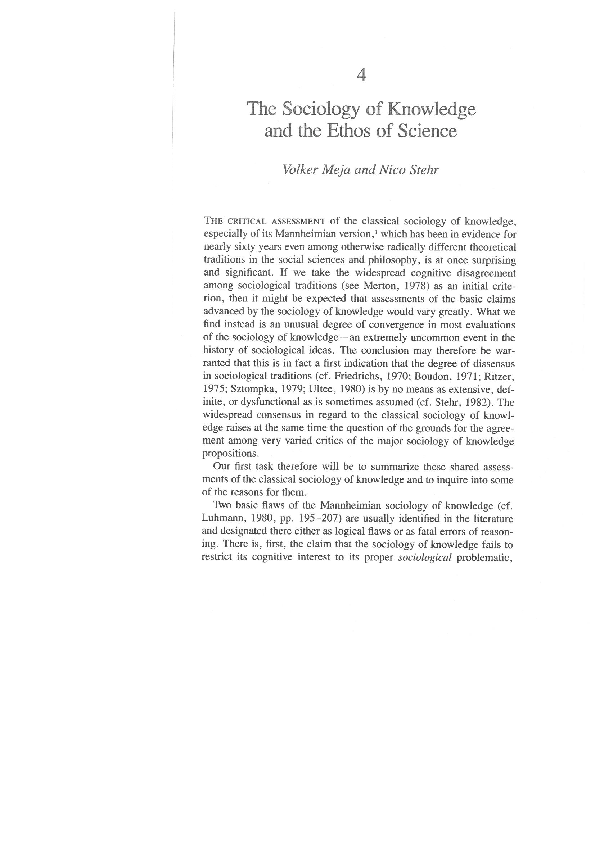 (PDF) Meja, Volker and Nico Stehr, "The sociology of knowledge and the ...