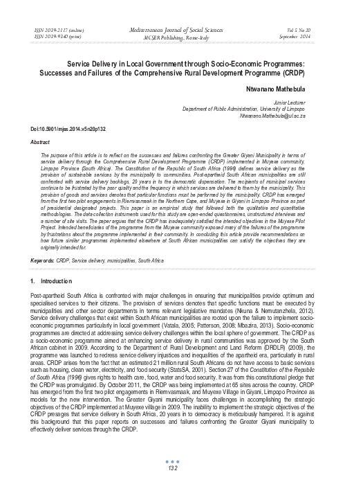 (PDF) Service Delivery Through Socio-Economic Programmes: Successes and ...