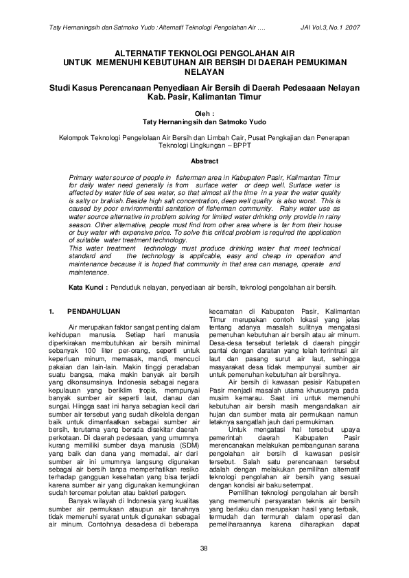 Teknologi Pengolahan Air Bersih untuk Memenuhi Kebutuhan Desa Bendasari