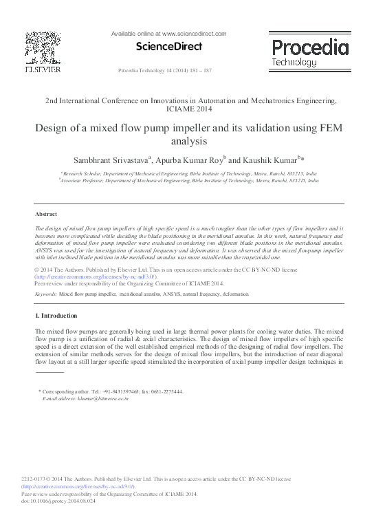 (PDF) Design of a mixed flow pump impeller and its validation using FEM ...