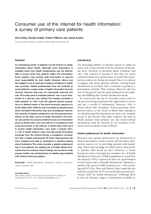 (PDF) Consumer use of the internet for health information: