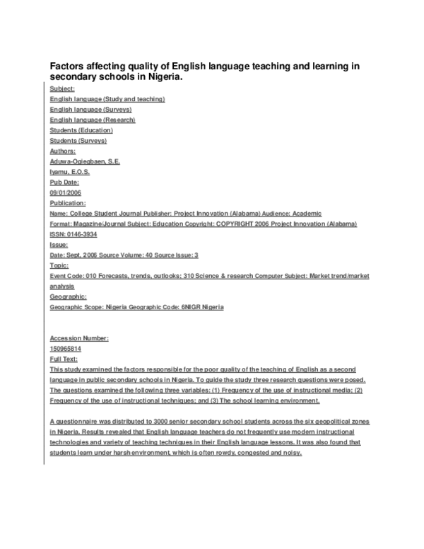(DOC) Factors affecting quality of English language teaching and ...