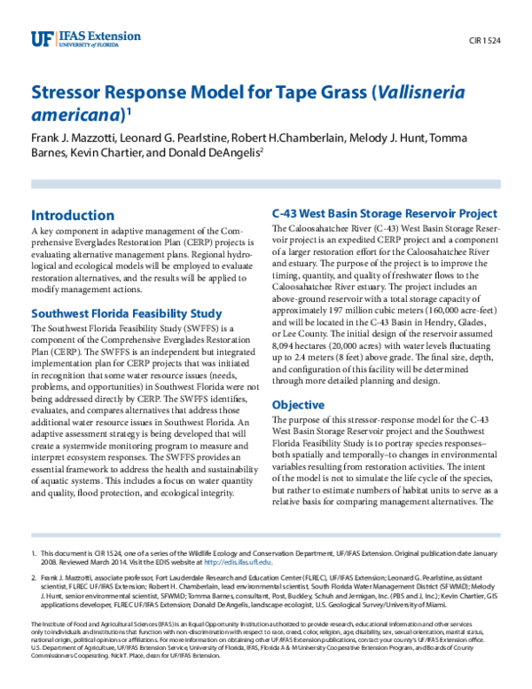 (PDF) STRESSOR RESPONSE MODEL FOR TAPE GRASS (Vallisneria americana)1