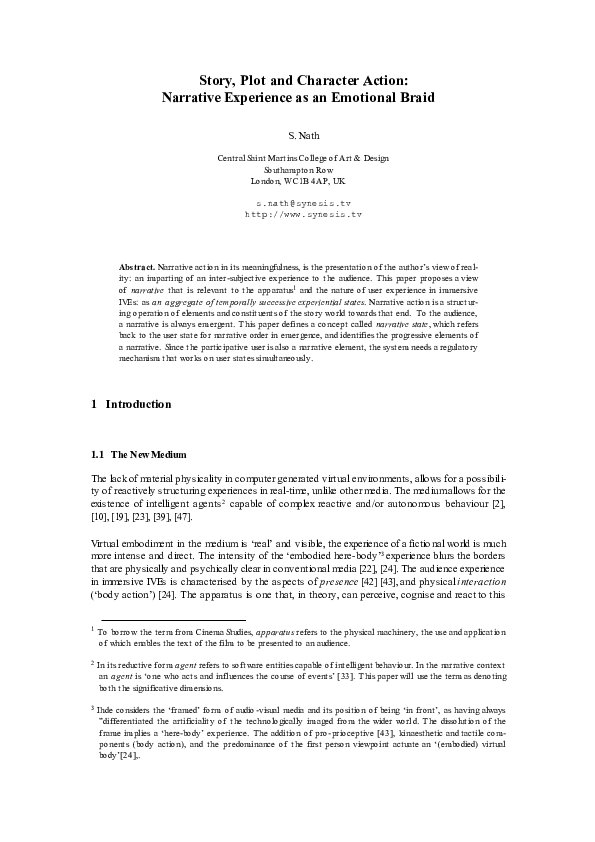 Story, Plot and Character Action Narrative Experience as an Emotional