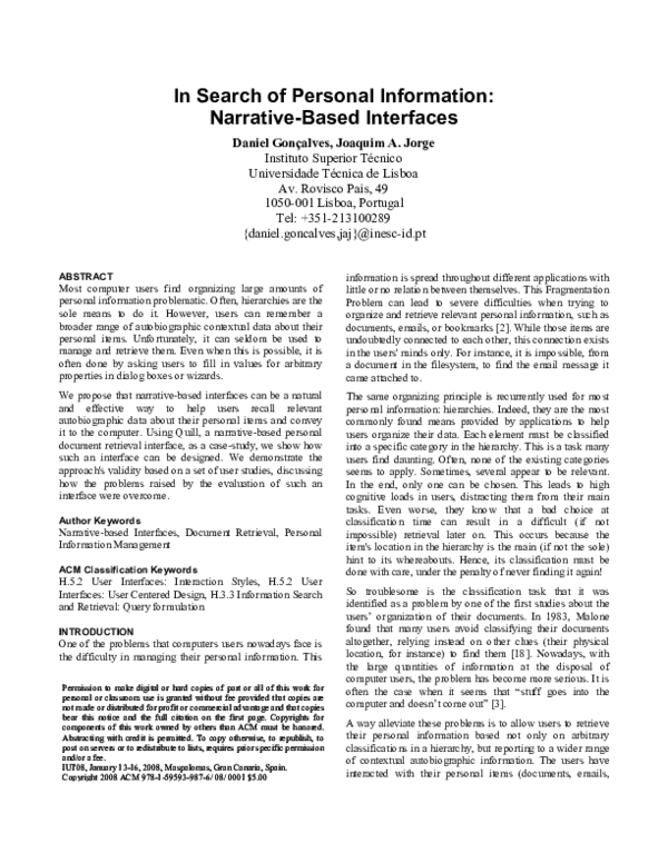 (PDF) In Search of Personal Information: Narrative-Based Interfaces