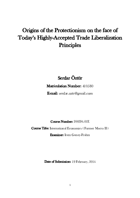Origins of the Protectionism on the face of Today's Highly-Accepted Trade Liberalization Principles