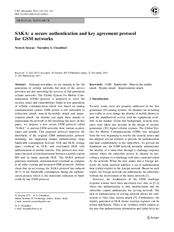 (PDF) SAKA: A Secure Authentication and Key Agreement Protocol for GSM ...
