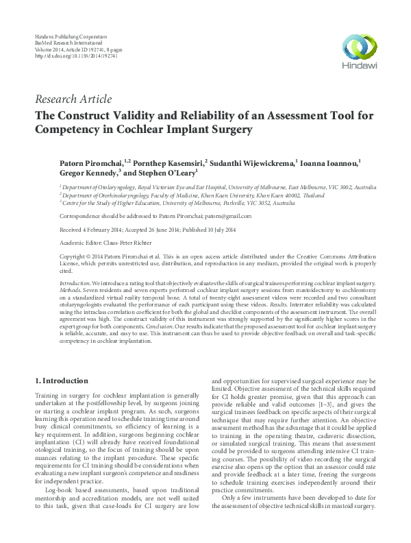 (PDF) The Construct Validity and Reliability of an Assessment Tool for ...