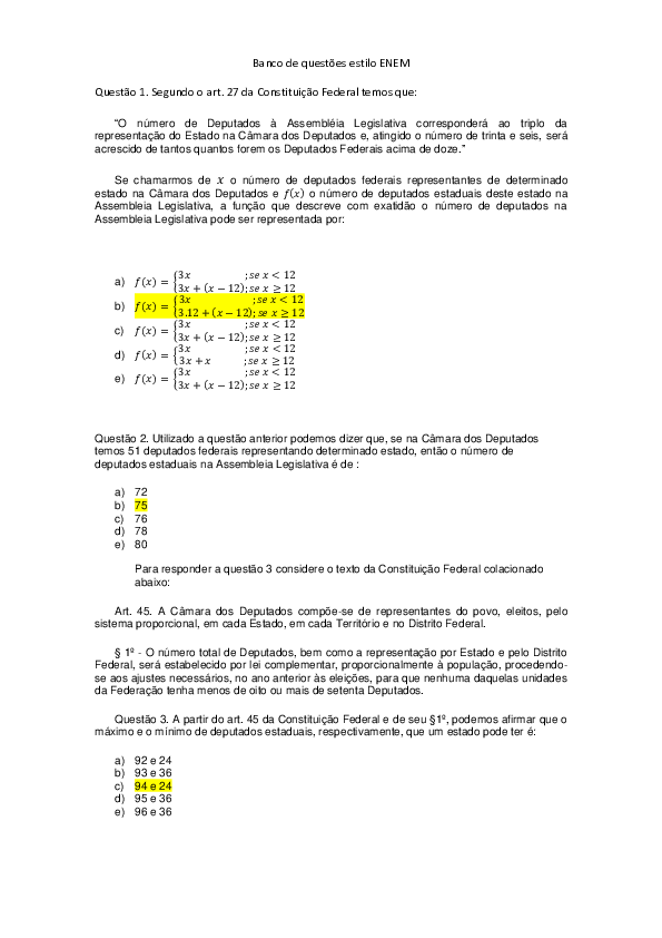 (DOC) Banco de questões estilo ENEM