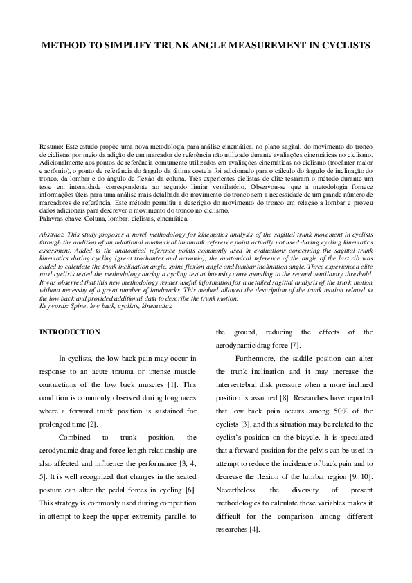 (PDF) METHOD TO SIMPLIFY TRUNK ANGLE MEASUREMENT IN CYCLISTS