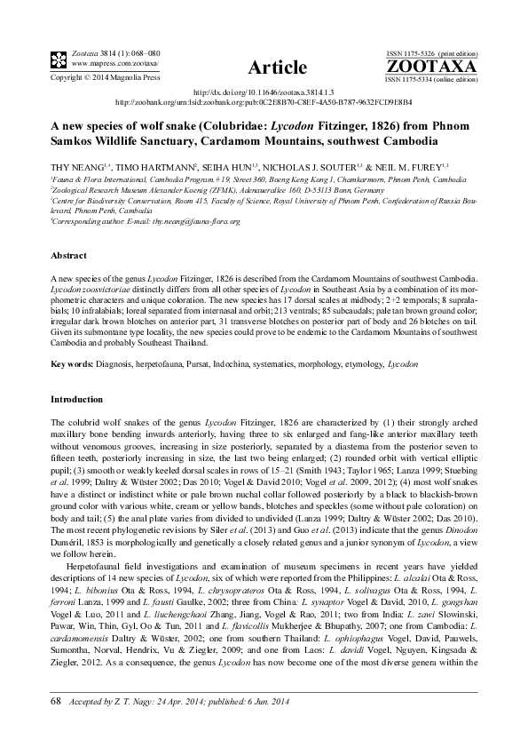 First page of “A new species of wolf snake (Colubridae: Lycodon Fitzinger, 1826) from Phnom Samkos Wildlife Sanctuary, Cardamom Mountains, southwest Cambodia”