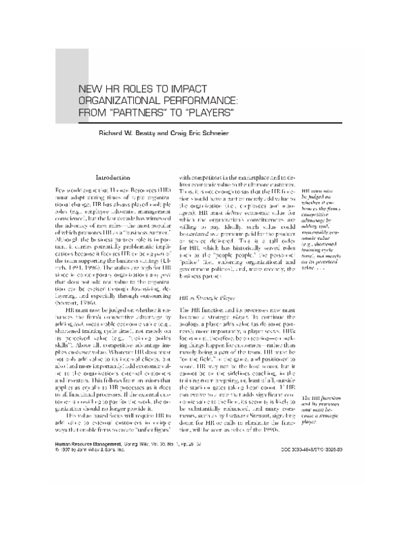 First page of “New HR roles to impact organizational performance: Frompartners toplayers”