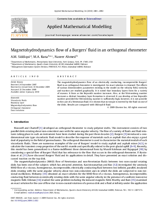 (PDF) Magnetohydrodynamics flow of a Burgers' fluid in an orthogonal ...