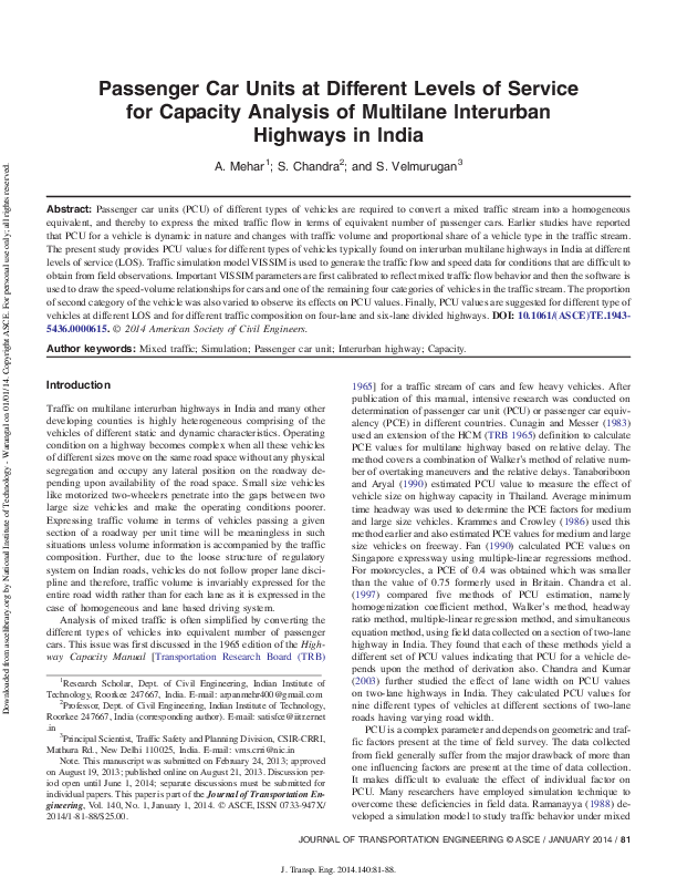 (PDF) Passenger Car Units at Different Levels of Service Arpan Mehar
