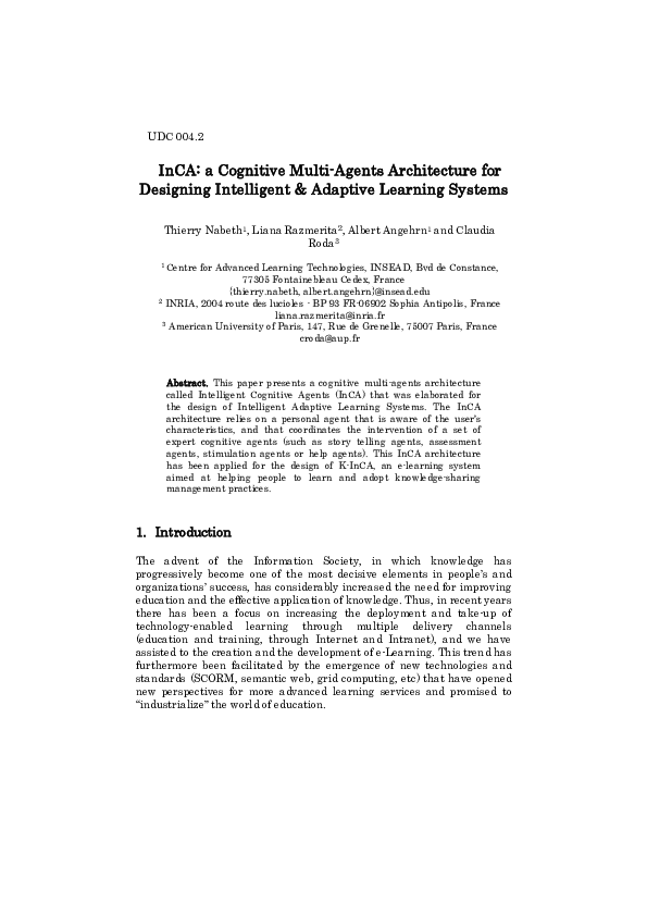 (PDF) INCA: A cognitive multi-agents architecture for designing ...